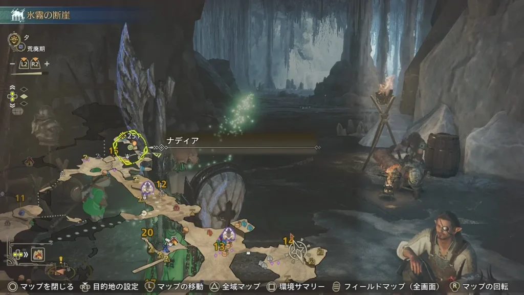 氷霧の断崖エリア15にいるナディアの場所